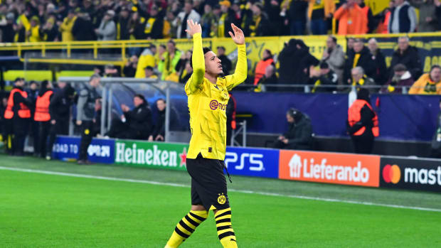 Jadon Sancho pictured celebrating after scoring a goal for Borussia Dortmund in a 2-0 win over PSV Eindhoven in the UEFA Champions League in March 2024